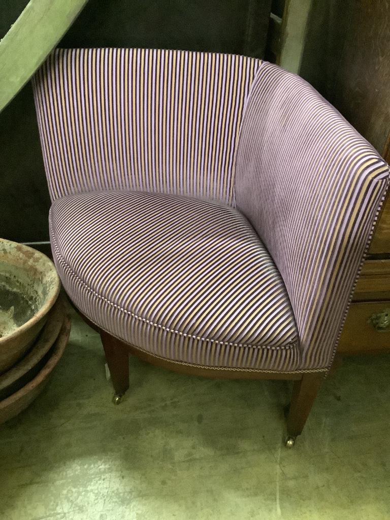 A 19th century mahogany upholstered corner chair, width 86cm, depth 50cm, height 78cm